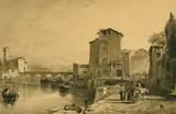 British, The Port of Leghorn, a port scene with multiple figures and a town beyond by Charles Oliver Murray, etching, offered Feb 2022