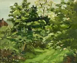British, two landscape views, one featuring a church by Hugh Boycott-Brown, oil on board, sold Dec 2021