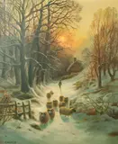 British, a shepherd and his flock moving onto snowy open pastures by Daniel Sherrin, oil on canvas, sold Dec 2021