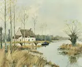 French, a figure in a boat and a cottage on a river by Marcel Georges Hue, oil on canvas, offered Dec 2021