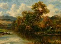 British, Figures by a river with hills beyond by Carl Brennir, oil on canvas, offered Dec 2021