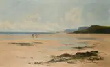 British, Figures on a sandy cove with fishing boats and rocky headland beyond by Joseph Vickers de Ville, 1892, oil on canvas, sold Dec 2021
