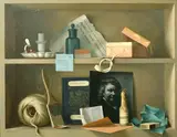 British, a trompe l'oeil scene of objects on a shelf by Gerald Norden, oil on board, sold Dec 2021