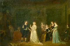 Le Compliment' figures in a lavish interior by Antoine Émile Plassan, oil on panel, sold Dec 2021