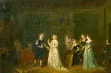 Le Compliment' figures in a lavish interior by Antoine Émile Plassan, oil on panel, sold Dec 2021