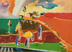 Italian, Paesaggio Campestre, figure and a horse in a colourful landscape by Luciano Schifano, oil on canvas, sold Dec 2021