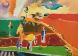 Italian, Paesaggio Campestre, figure and a horse in a colourful landscape by Luciano Schifano, oil on canvas, sold Dec 2021