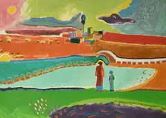 Figure in Campagna' figures in a colourful landscape by Luciano Schifano, 1968, oil on canvas, sold Dec 2021