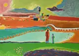 Figure in Campagna' figures in a colourful landscape by Luciano Schifano, 1968, oil on canvas, sold Dec 2021