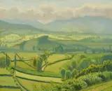 British, patchwork fields with hills beyond by Robert Morson Hughes, oil on board, sold Dec 2021