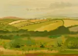 British, a view across fields with cottages on a hilltop by Robert Morson Hughes, oil on board, sold Dec 2021