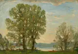 Trees and a rowing boat with a river beyond by John Brown, oil on board, sold Dec 2021