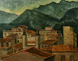 British, a view of Continental rooftops with mountains beyond by Enid Fearnside, oil on canvas, sold Dec 2021