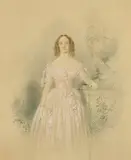 British, A portrait of Isabella Roberts in a formal garden setting by William Spence Robinson, 1848, watercolour and pencil, sold Dec 2021