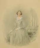British, A portrait of Hannah Roberts in a formal garden setting by William Spence Robinson, 1848, watercolour and pencil, sold Dec 2021