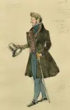 Russian, a costume design for La Boheme, a gentleman holding a hat by Alexandre Benois, watercolour and pencil, sold Dec 2021