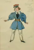 Russian, a costume design for La Boheme, a young man in a blue coat and hat by Alexandre Benois, watercolour and pencil, sold Dec 2021