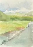 A landscape over fields with hills beyond by Howard J. Morgan, watercolour, offered Dec 2021