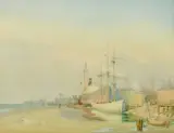Shipping in a dock with a minaret beyond by Watson Charlton, watercolour, sold Dec 2021
