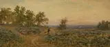 British, A lady and dog crossing a moor at sunset by John Carlisle, 1885, watercolour, sold Dec 2021
