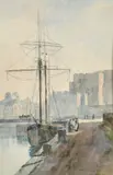 Figures conversing by a boat moored at a quay by Beatrice Fowler, watercolour, sold Dec 2021