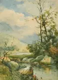 British, Rocky River landscape with mountains beyond by Charles Frederick Albon, watercolour, sold Dec 2021