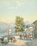 Traders conversing on a coastal trail with boats and buildings by Charles Rowbotham, 1885, watercolour, offered Dec 2021