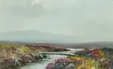 British, A landscape with a stream running through heathery moorland and hills beyond by H.W. Hicks, watercolour, sold Dec 2021