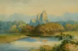 A view of castle ruins on a hilltop with a river and grazing sheep by J MacDiarmid, 1918, watercolour, sold Dec 2021