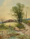 British, A shepherd and his flock by a pond by Thomas Roden, watercolour, offered Dec 2021