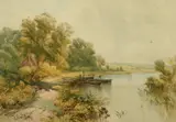 British, Boats moored in a river landscape with a bankside cottage by John Steeple, 1875, watercolour, offered Dec 2021