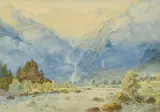 British, An Alpine view with snow-capped mountains and a raging torrent in the foreground by Charles Jones Way, watercolour, offered Dec 2021