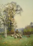British, A Shepherd and his flock beneath blossom by Benjamin Sigmund, watercolour, sold Dec 2021