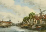 Dutch, A Dutch port scene with moored boats and buildings by Jan Van Couver, watercolour, offered Dec 2021