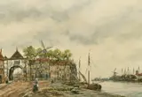 Dutch, A Dutch port scene with a figure loading produce onto a boat with windmills and ships beyond by Jan Van Couver, watercolour, offered Dec 2021