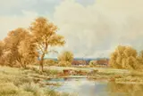 Eashing near Godalming' A view of cattle by a pond with houses beyond by Henry Hiller Parker, watercolour, offered Dec 2021