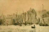 English, A dockyard with figures tending their boats by William Lionel Wyllie, etching, sold Dec 2021