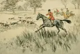 British, Huntsman and hounds giving chase by Henry Wilkinson, etching, sold Dec 2021