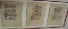 3 leaves, illuminated in blue, red & gold, on vellum, framed, each 3.5 x 2.75 inches, Paris, ca by Book Of Hours, oil, sold Dec 2021