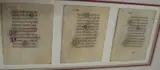 3 leaves, illuminated in blue, red & gold, on vellum, framed, each 3.5 x 2.75 inches, Paris, ca by Book Of Hours, oil, sold Dec 2021