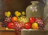fruit on a ledge. Signed, oil on canvas. 18ins x 14ins. by Still Life, oil on canvas, sold Dec 2021