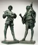 FRENCH A GOOD PAIR OF BRONZE FIGURES OF YOUNG MEN, one playing a mandolin, the other on bugle by Emille Louis Picault, BRONZE, offered Dec 2021