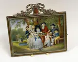 Figures in a garden by George Morland miniature painting on panel, watercolor, sold May 2016