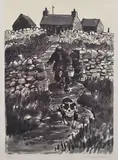 Print - farmer carrying a pail with his dog ahead by Kyffin Williams Ra limited edition, print, sold May 2016