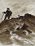 Print - farmer and dog on mountain by Kyffin Williams Ra limited edition, print, sold Feb 2016