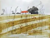 Colour etching - farmland with red-roofed farm in distance by Iola Spafford limited edition, etching, sold Feb 2016