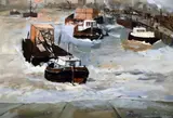 Print - busy harbour with tugs and other vessels by John Knapp-Fisher limited edition, print, sold Feb 2016