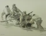 Colourwash print - four fishermen and boats hauling in by William Selwyn limited edition, print, sold Nov 2015