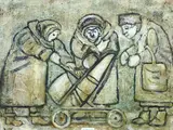 oil on board, unframed - three elderly ladies doting on a baby in a pram, signed, 14 x by Karel Lek, oil on board, offered May 2015