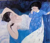 Coloured print - reclining mother on a bed with by Claudia Williams rare limited edition, print, sold May 2015
